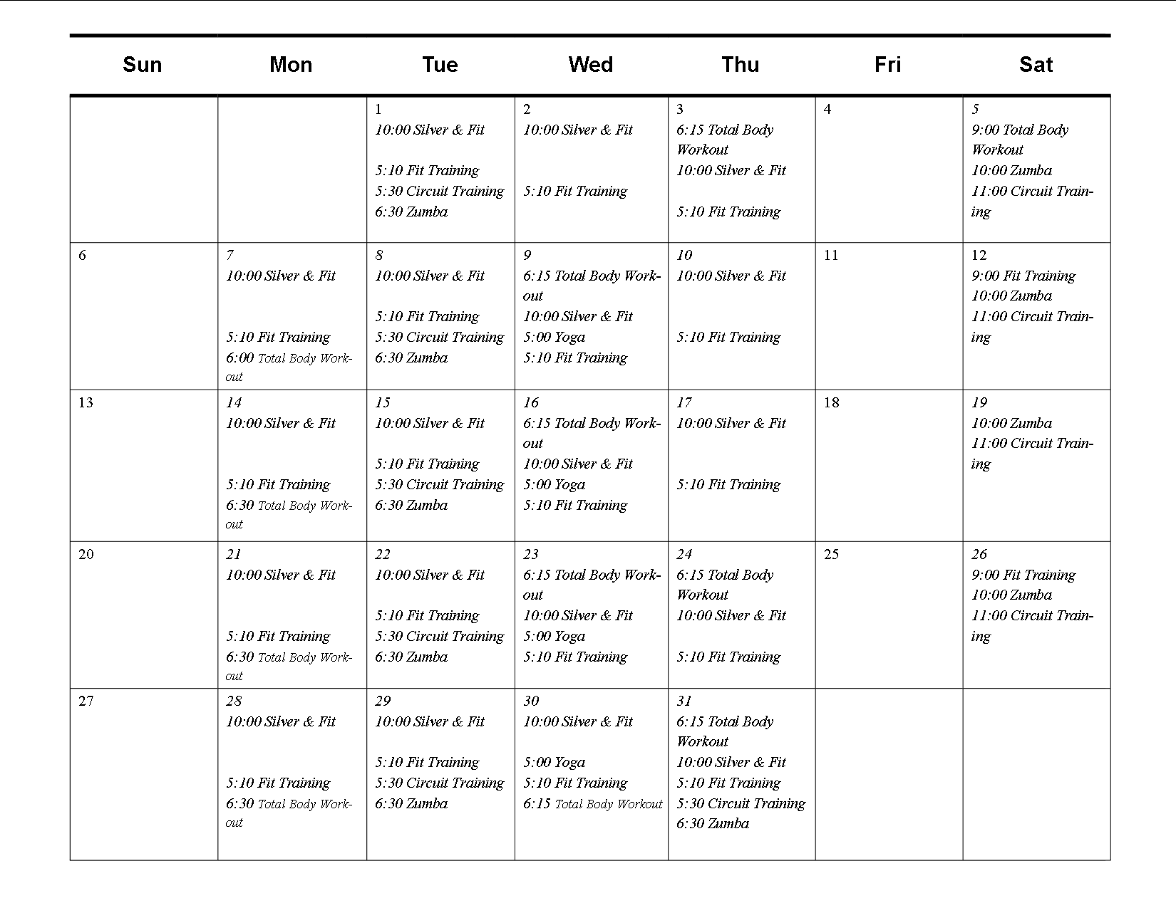 August 2017 Class Schedules – Kaiser Wellness Center