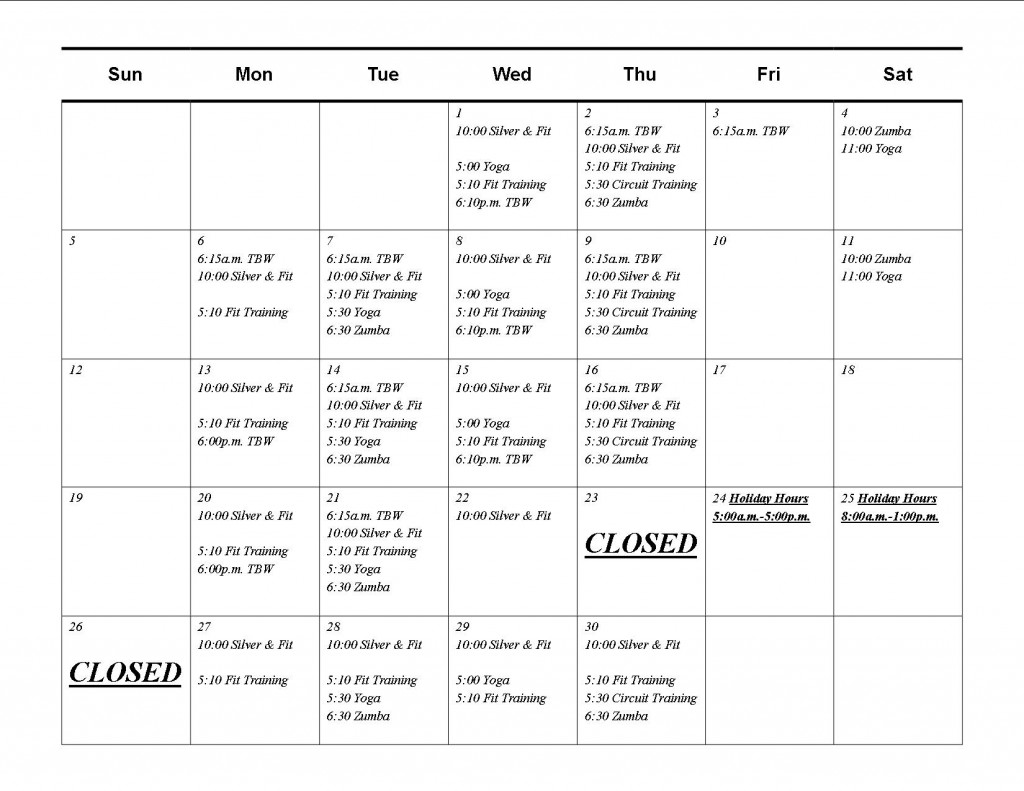 November 2017 Class Schedules – Kaiser Wellness Center